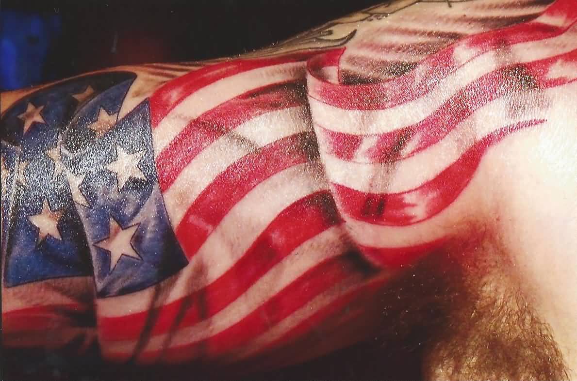 Waving Realistic American Flag Tattoo On Half Sleeve