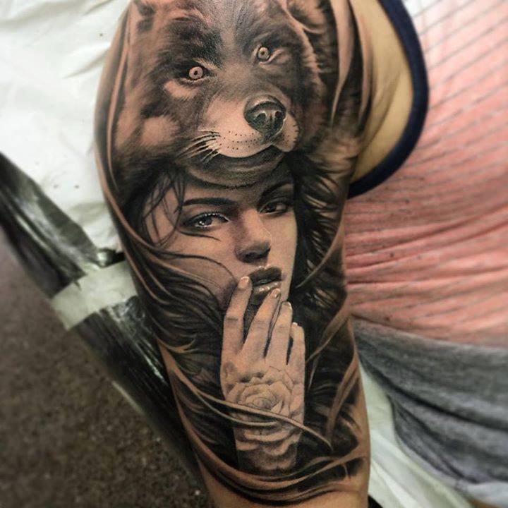 Wolf Head Girl Tattoo On Right Half Sleeve by Pxa Body Art