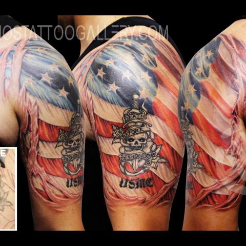 Wonderful 3D America Patriotic Tattoo On Half Sleeve