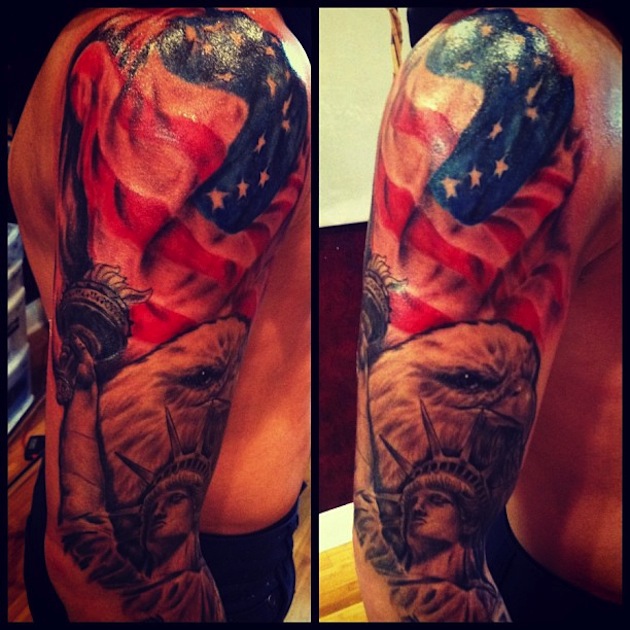 Wonderful Colored US Patriotic Tattoo On Full Sleeve