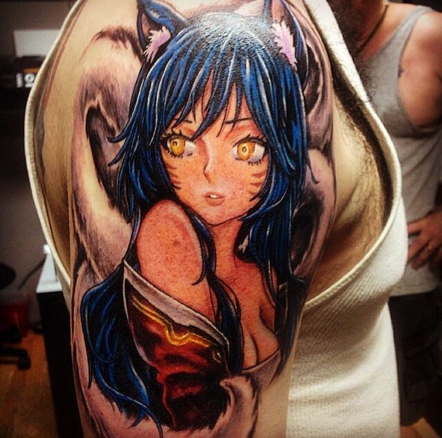 Wonderful Necko Cat Girl Anime Tattoo On Shoulder
