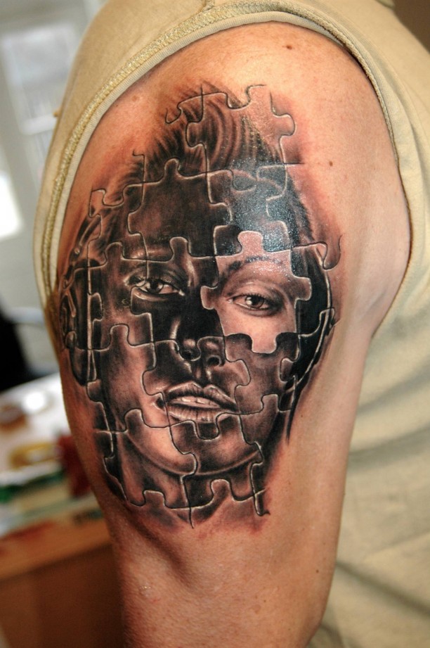Wonderful Puzzle Portrait Tattoo On Shoulder