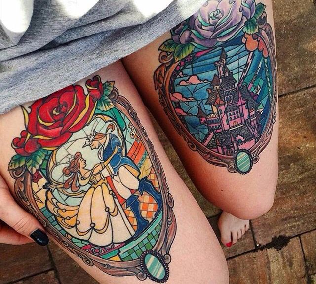 Wonderful Stained Glass Tattoos On Both Thighs