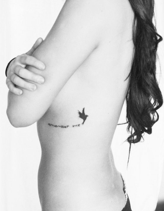 Wording With Bird Remembrance Tattoo On Rib Cage