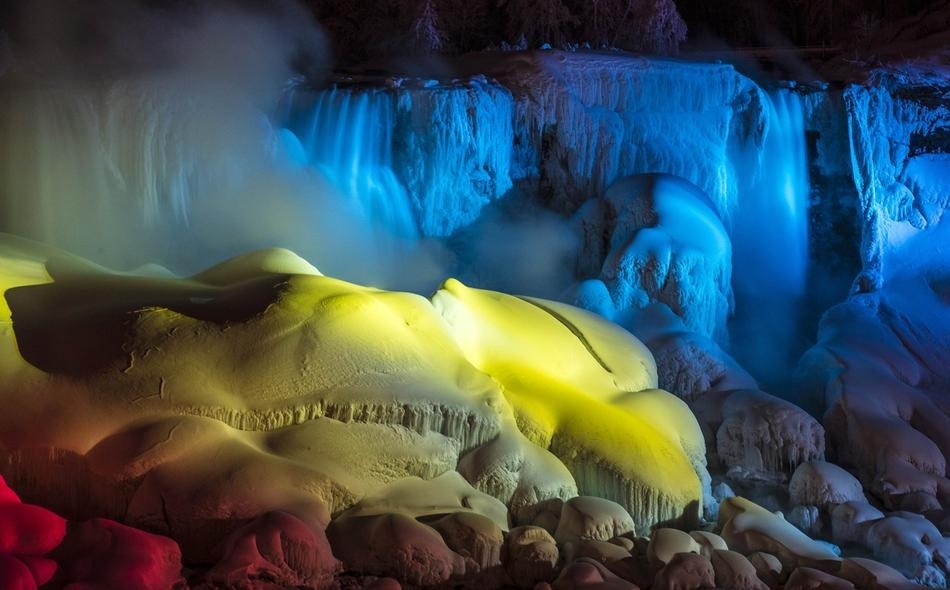 Yellow Red And Blue Lights On The Niagara Falls