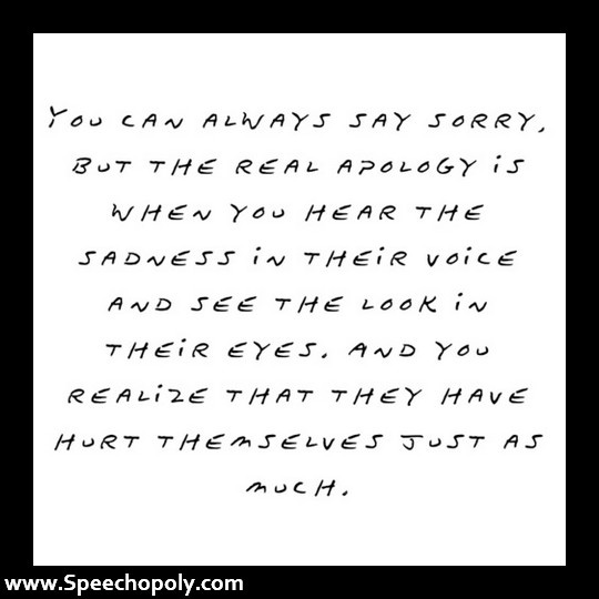 You can always say sorry, But the real apology is when you hear the sadness in their voice and see the look in their eyes. And you realize that they have hurt themselves just as much.