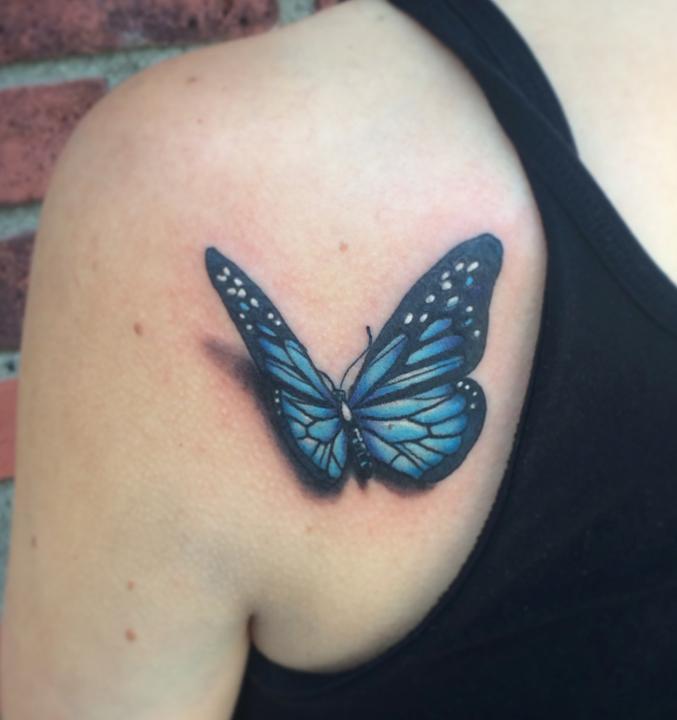 3D Blue Butterfly Back Shoulder Tattoo