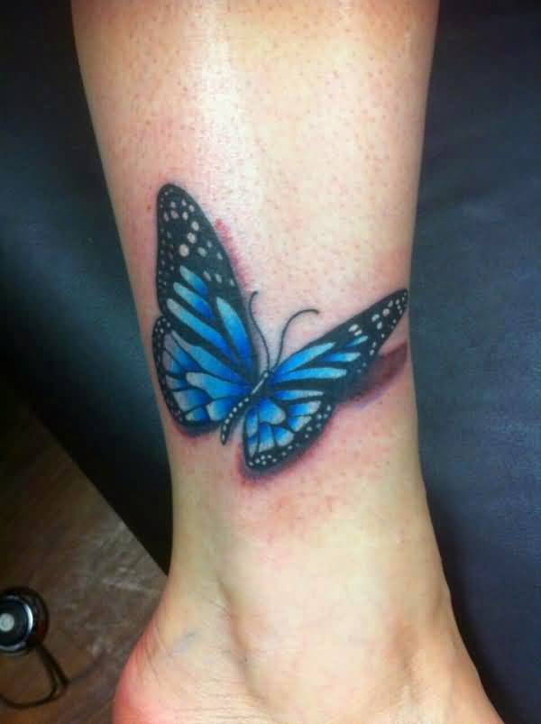 3D Blue Butterfly Tattoo On Ankle