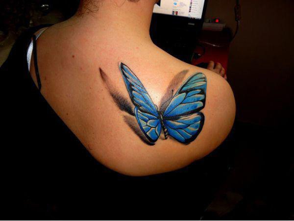 3D Blue Butterfly Tattoo On Upper Back For Girls