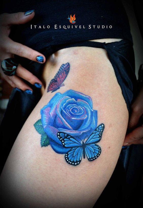 3D Blue Rose With Butterflies Tattoo On Thigh For Girls