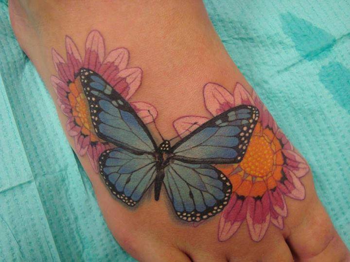 3D Butterfly And Flowers Tattoo On Right Foot
