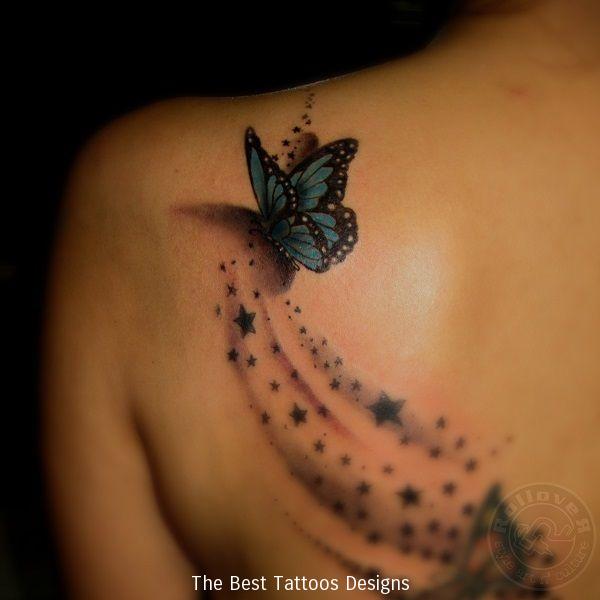 3D Butterfly Stars Tattoo On Back Shoulder