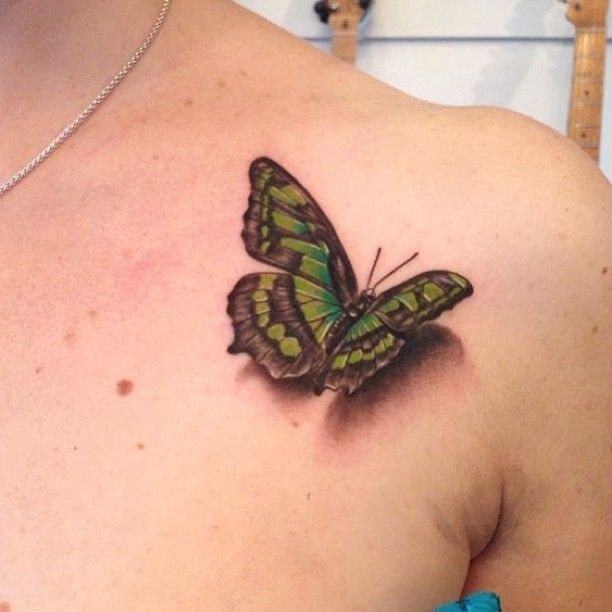 3D Color Butterfly Tattoo On Front Shoulder