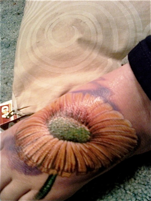 3D Daisy Flower Tattoo On Left Foot