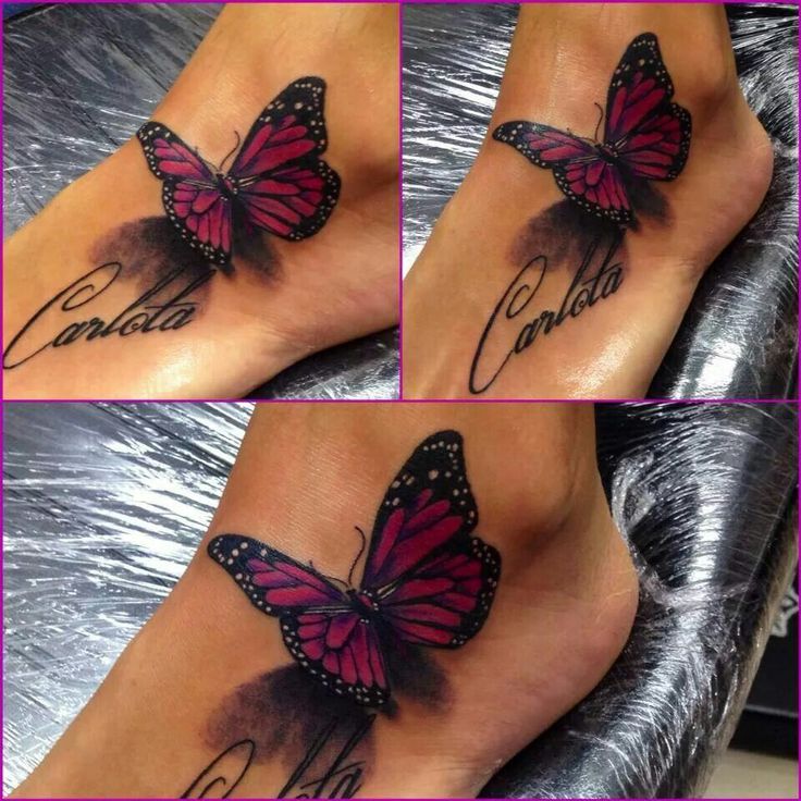 3D Dark Purple Carlota Butterfly Tattoo On Foot
