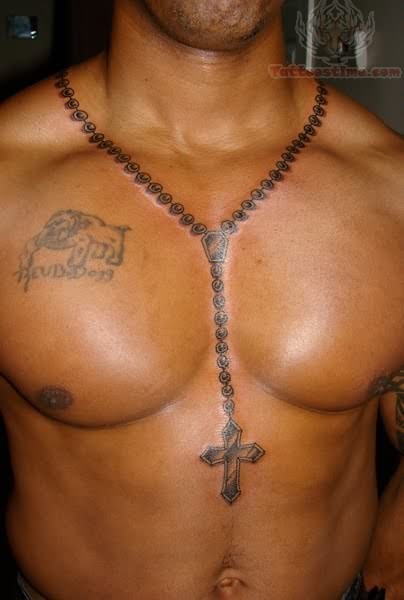 3D Grey Rosary Tattoo On Chest For Men