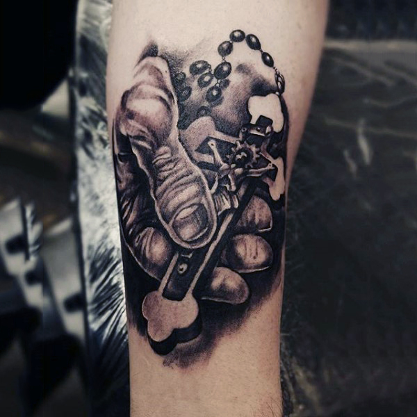 3D Hand Holding Rosary Tattoo On Forearm