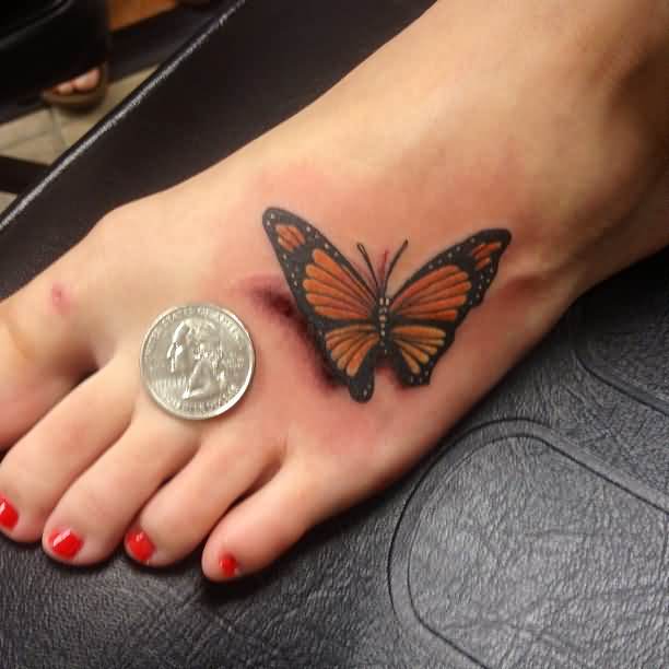 3D Monarch Butterfly Tattoo On Girl Foot
