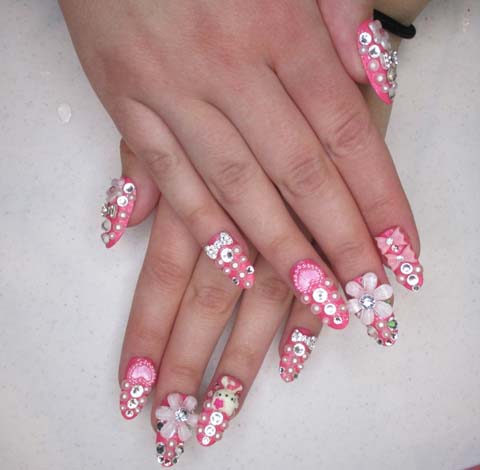 3D Pearls And Flower Design Nail Art