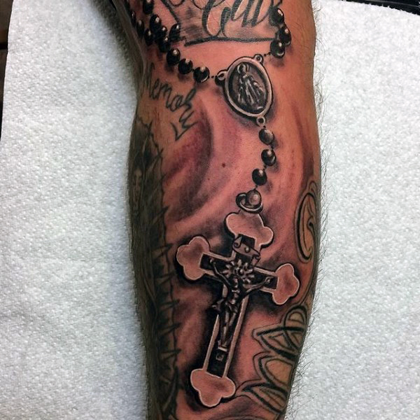 3D Realistic Holy Rosary Tattoo On Arm For Guys