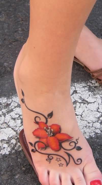 3D Red Flower Tattoo On Foot For Girls