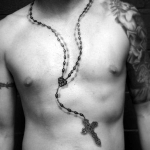 3D Rosary Beads Tattoo On Chest For Men