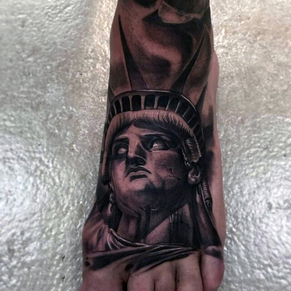 3D Statue Of Liberty Portrait Foot Tattoo
