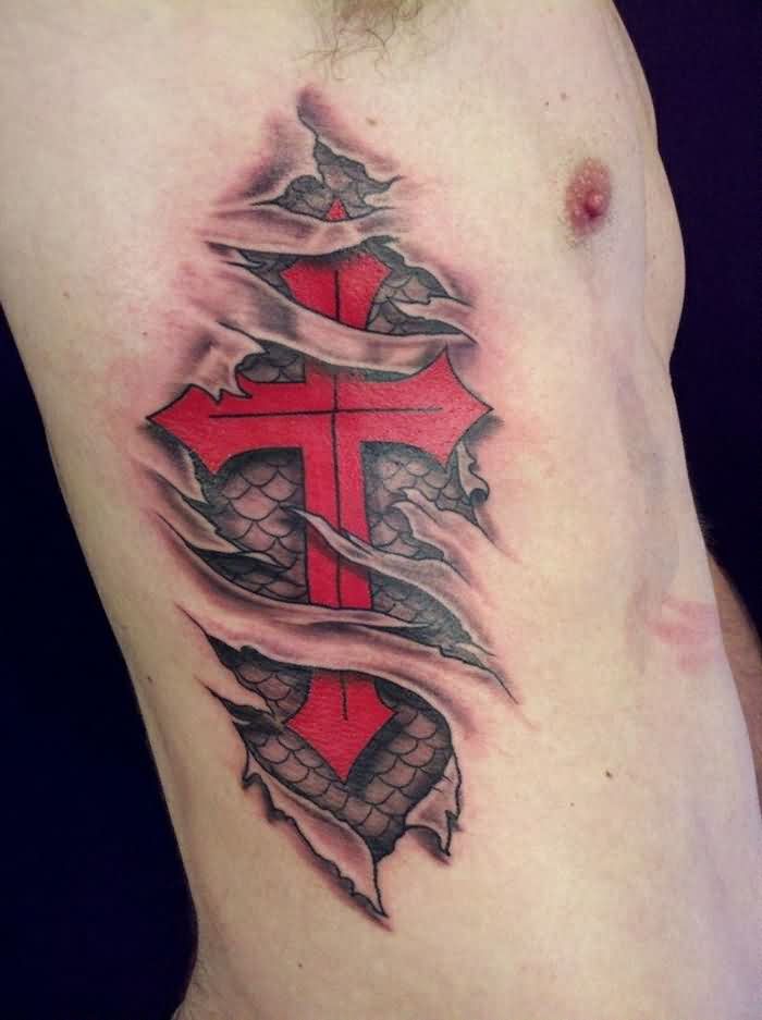 3D Torn Skin Christian Tattoo On Side Rib