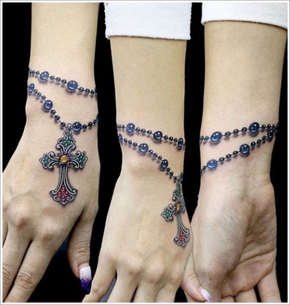 3D Vintage Cross Rosary Tattoo On Wrist