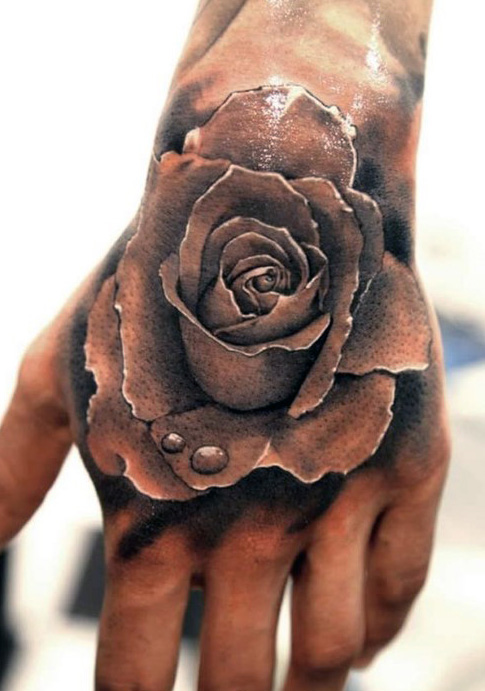 3D Water Drops On Rose Hand Tattoo For Men