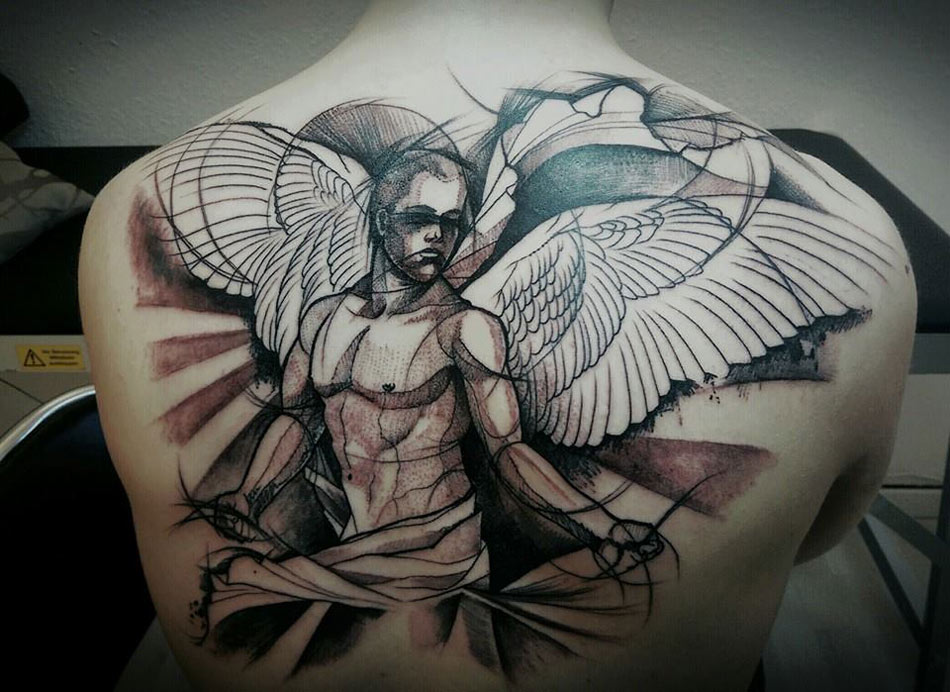Abstract Holy Angel Tattoo On Upper Back