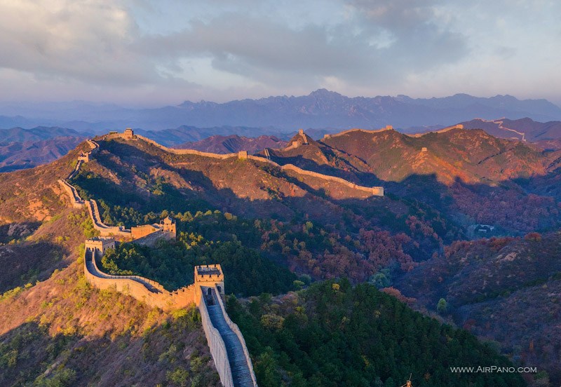 Aerial View Of Great Wall Of China During Sunset