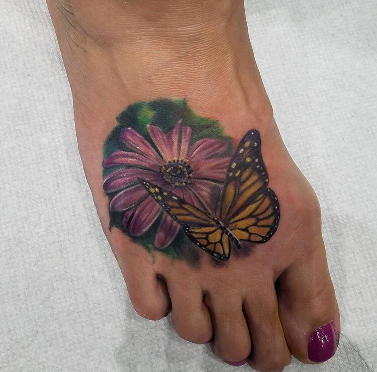 Amazing 3D Butterfly Flower Tattoo On Foot For Girls