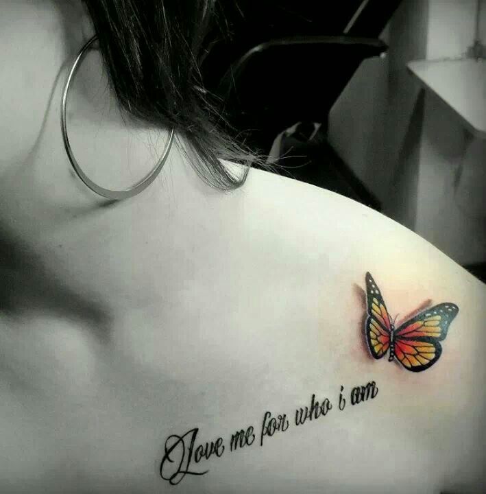 Amazing 3D Butterfly Wording Tattoo On Upper Shoulder