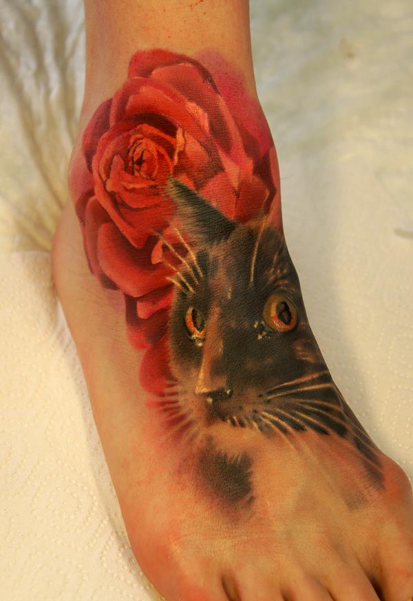 Amazing 3D Cat And Rose Tattoo On Foot