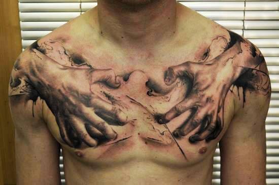 Amazing 3D Hands Tattoo On Chest For Men