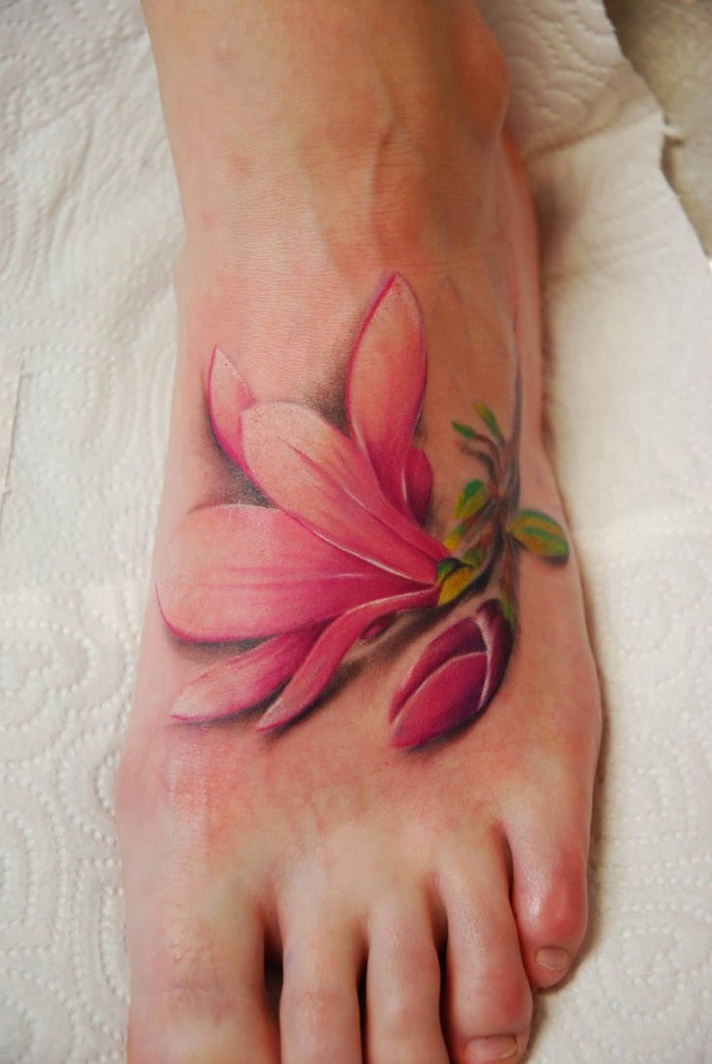 Amazing 3D Lily Flower Tattoo On Foot