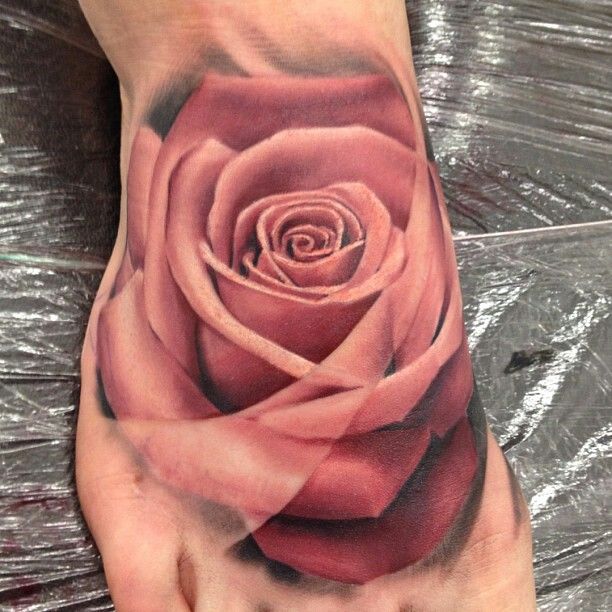 Amazing 3D Red Rose Foot Tattoo
