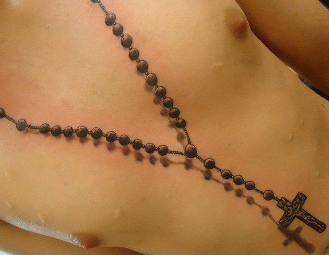 Amazing 3D Rosary Tattoo On Man Front Body