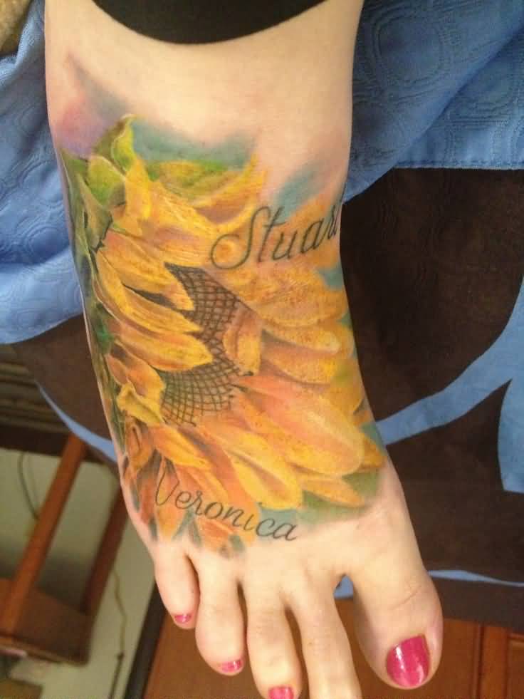 Amazing 3D Sunflower Tattoo On Foot For Kids