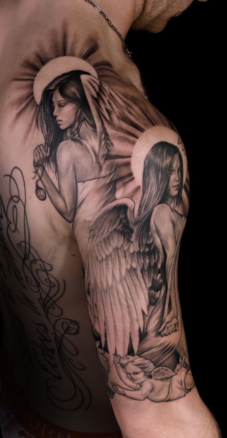 Amazing Angels Tattoo On Man Right Shoulder By Niki Norberg