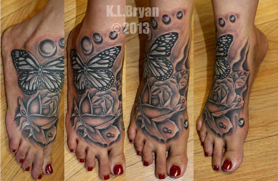 Amazing Butterfly Rose Tattoo On Woman Foot
