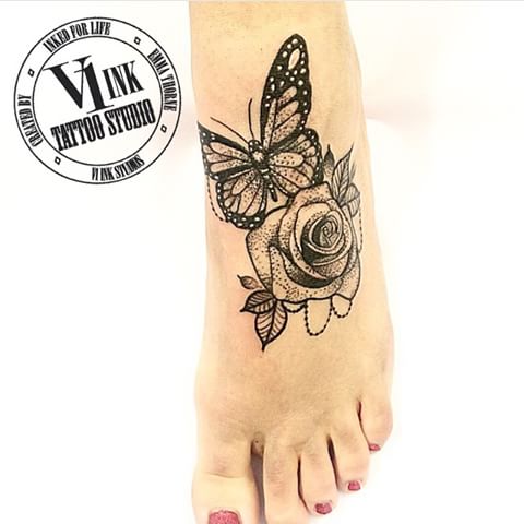 Amazing Dotwork Rose Butterfly Tattoo On Girl Foot By Emmathornetattooist