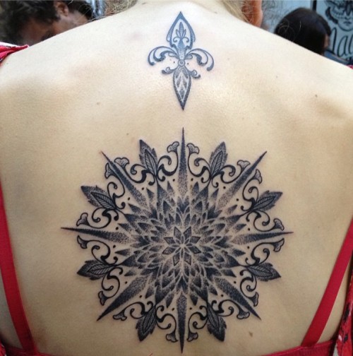 Amazing Fleur De Lis With Pattern Tattoo For Women