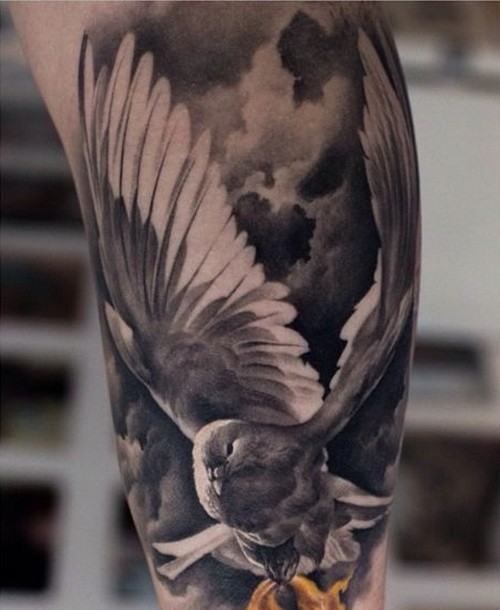 Amazing Flying Realistic Dove Tattoo