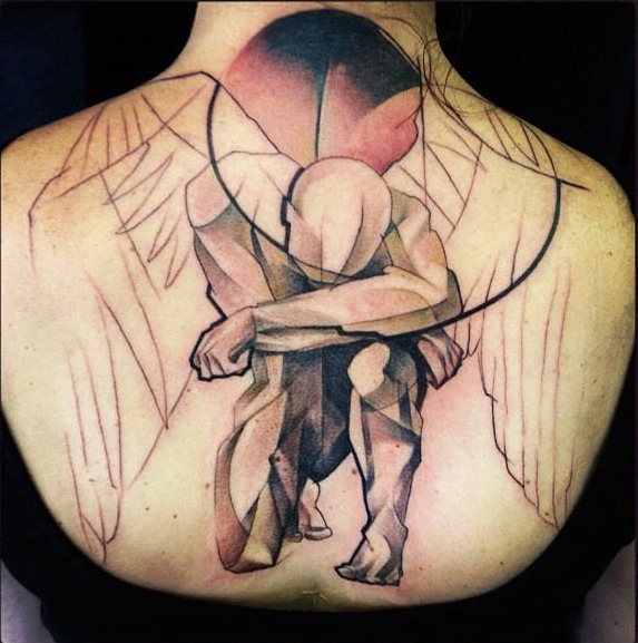 Amazing Geometric Guardian Angel Tattoo On Upper Back In Progress