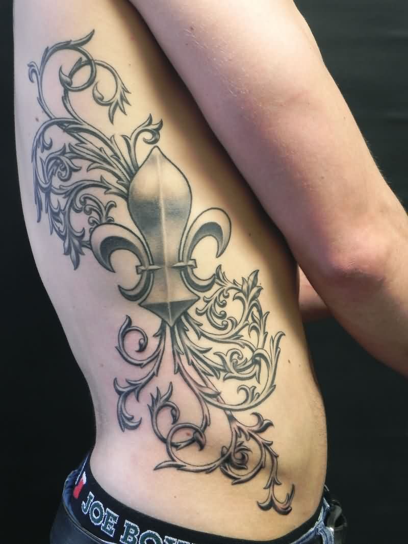 Amazing Grey Ink Fleur De Lis Tattoo On Man Side Rib
