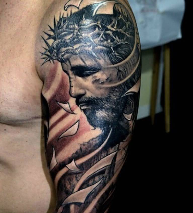 Amazing Jesus Christian Tattoo On Left Sleeve For Men