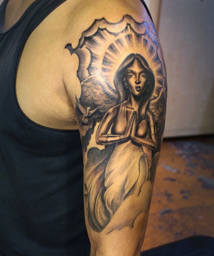 Amazing Praying Angel Tattoo On Man Left Shoulder