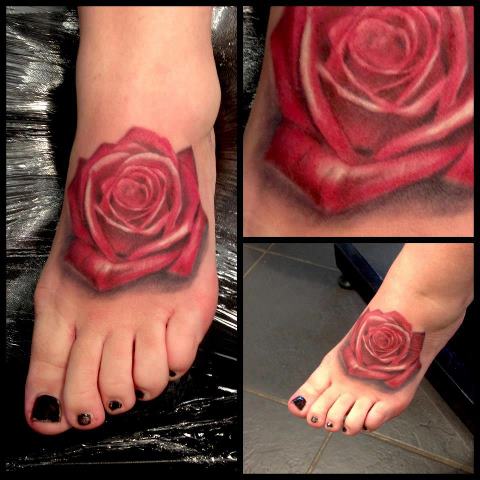 Amazing Realistic Red Rose Tattoo On Foot